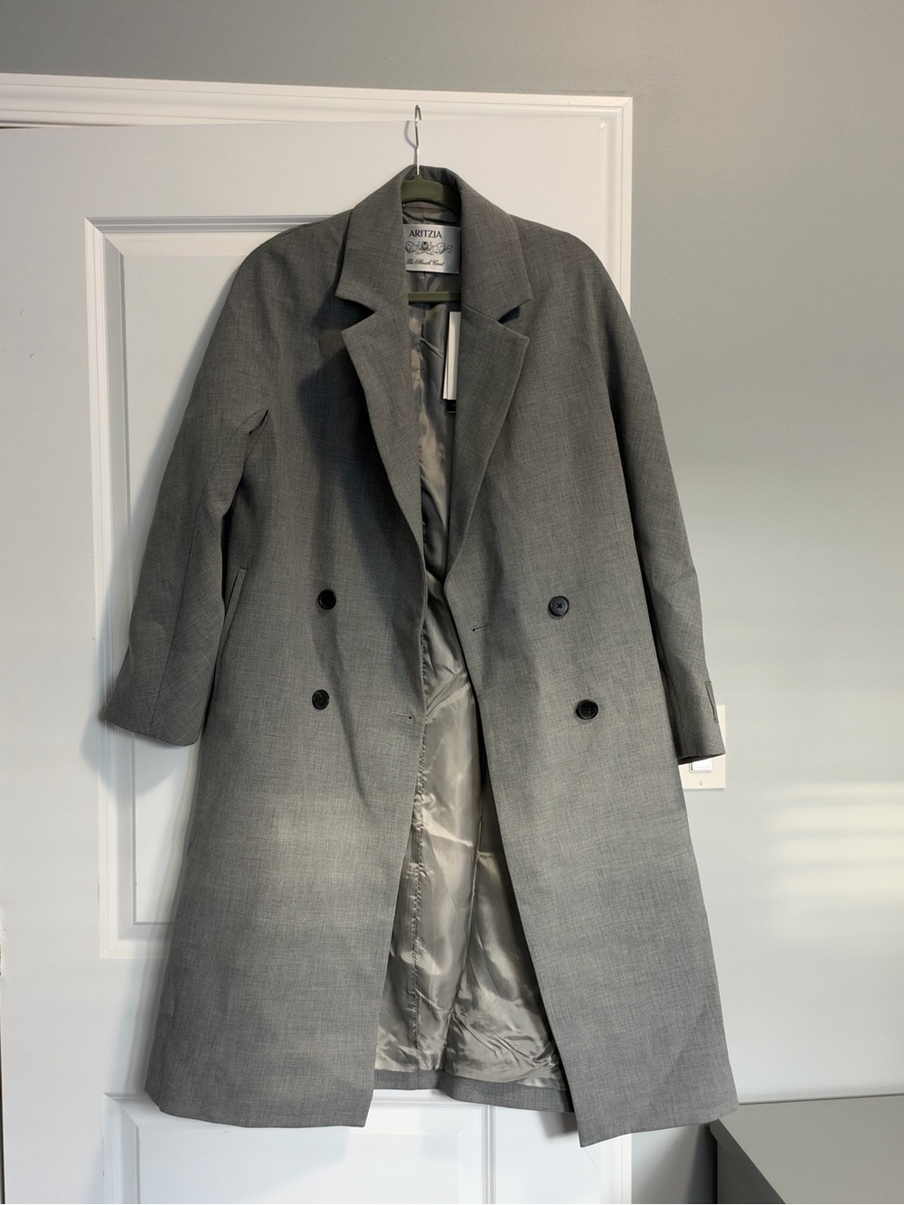 Aritzia Light Gray Wool-Blend Double-Breasted Trench Coat